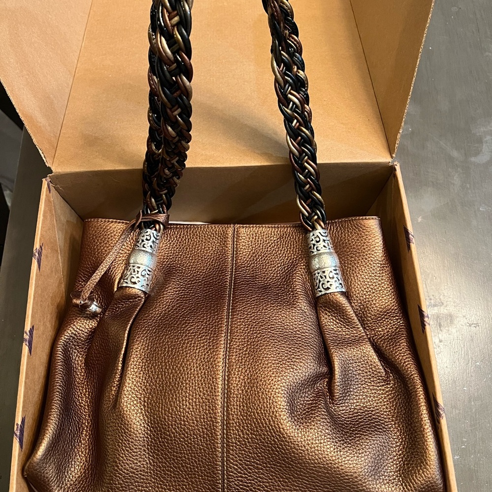 Brighton Bronze Pebbled Leather Braided Handle Purse - Picture 3 of 11